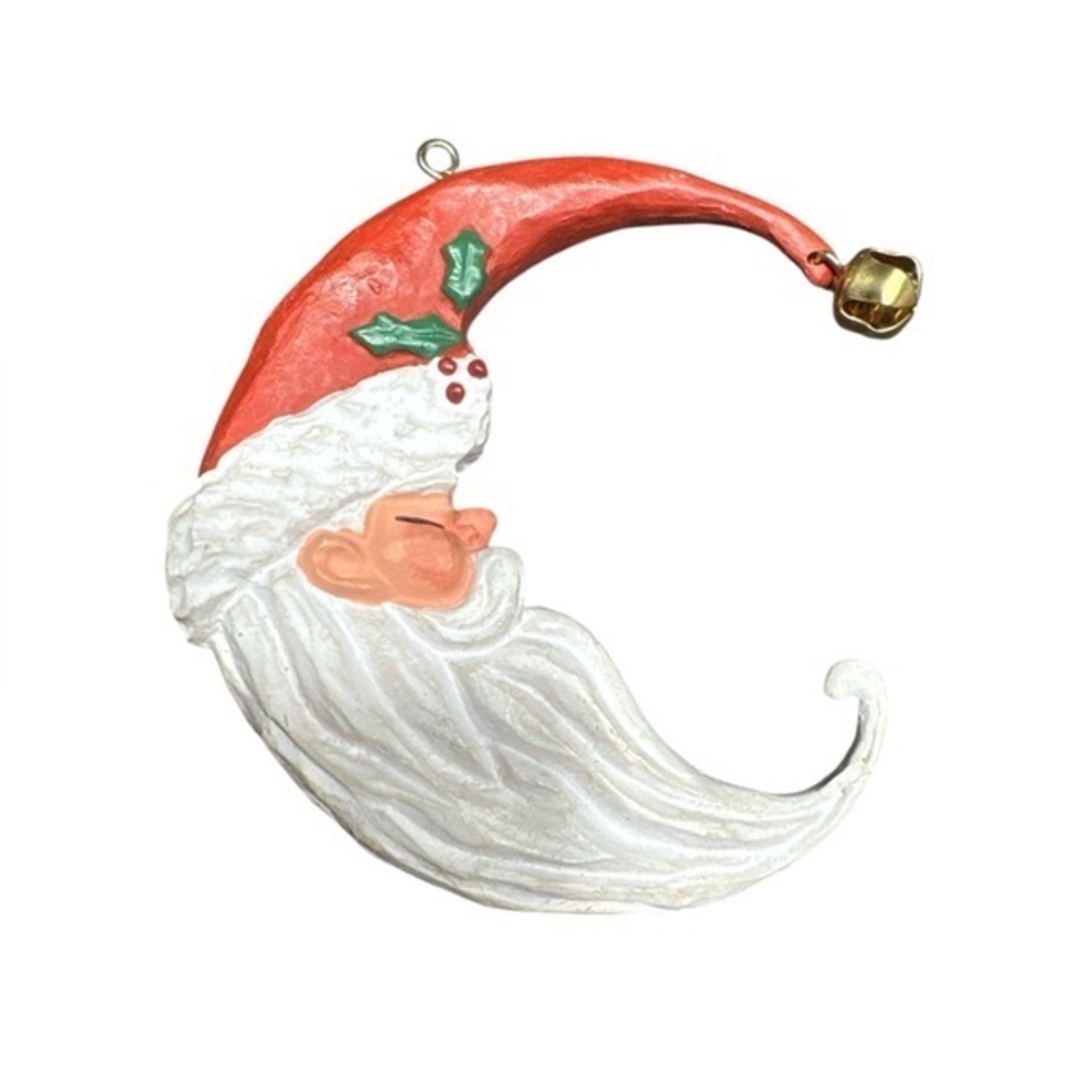 Vintage 1988 Festive Santa Moon with Bell Christmas Tree Ornament Red & White